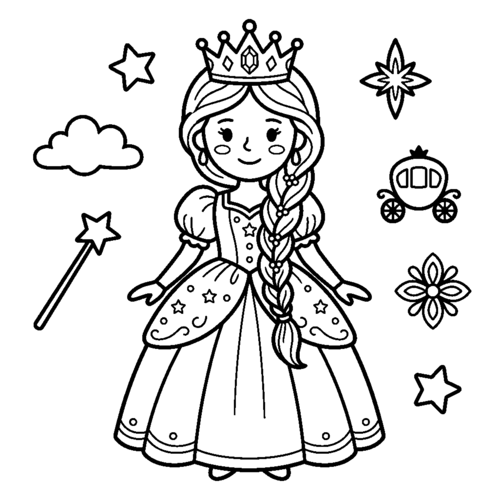 Princess with long braided hair and a crown coloring page
