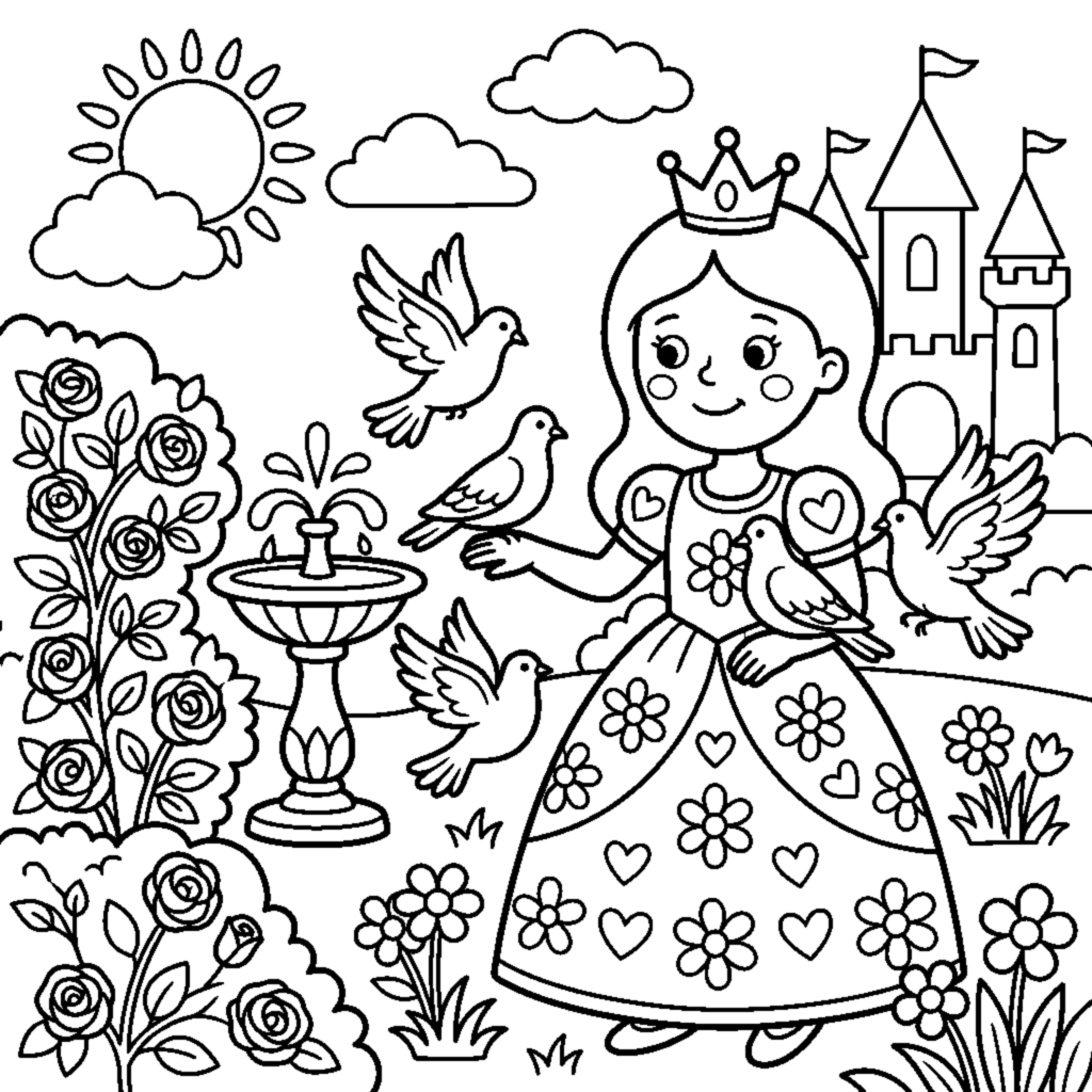 Princess feeding doves in a garden coloring page