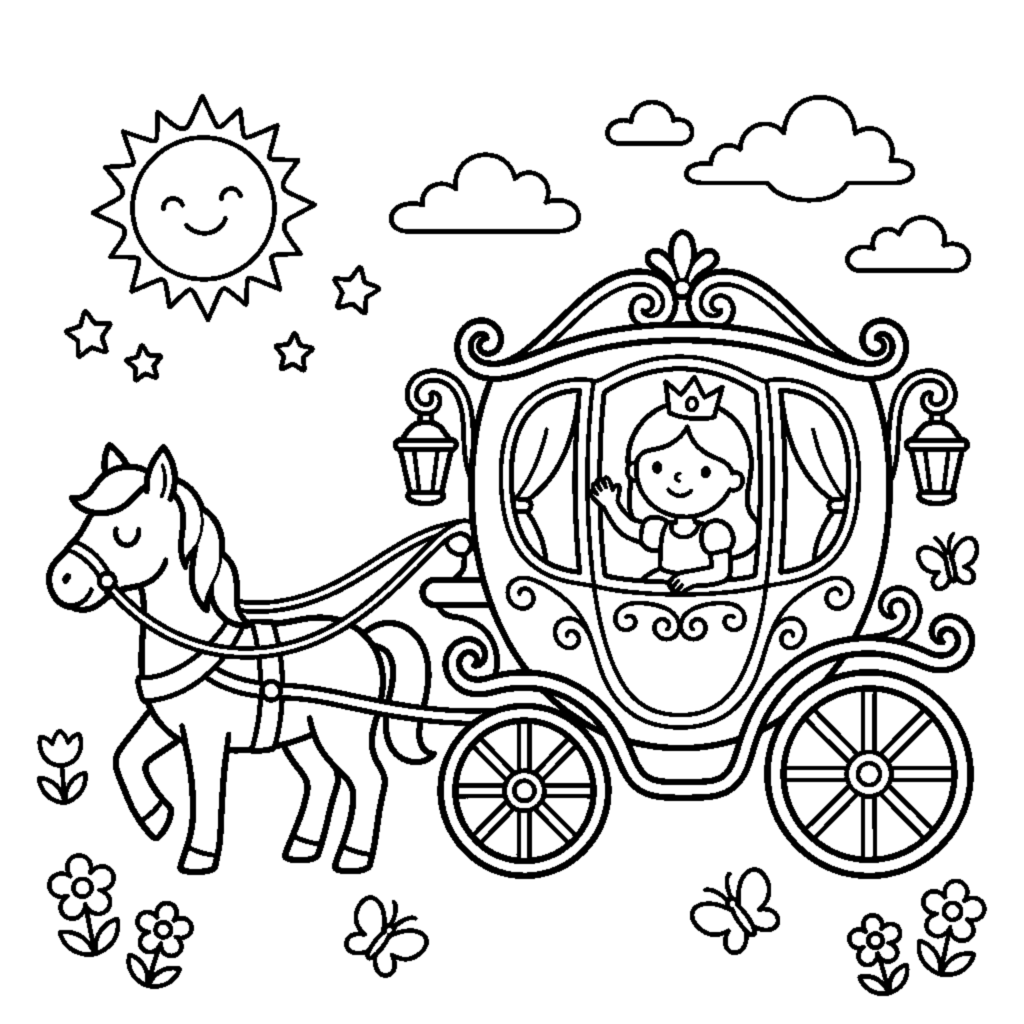Princess in a horse-drawn carriage coloring page