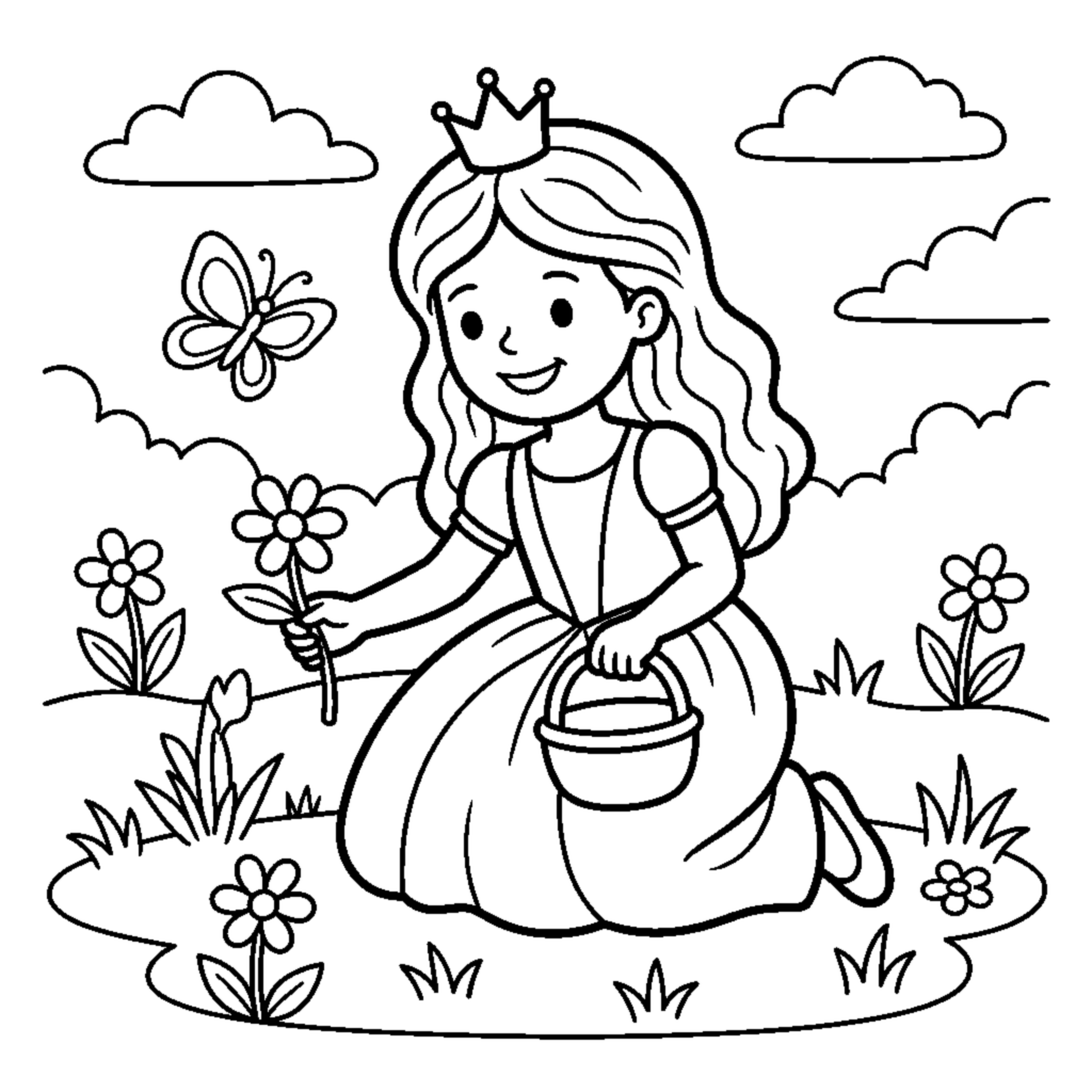 Princess picking flowers in a meadow coloring page