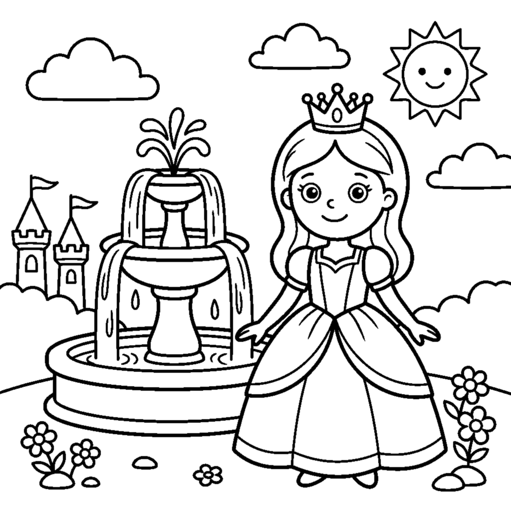 Princess standing beside a castle fountain coloring page