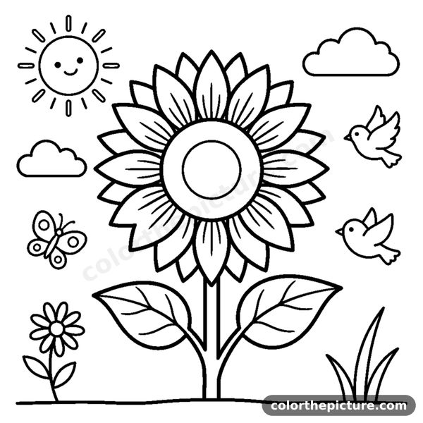 A single big sunflower with leaves coloring page