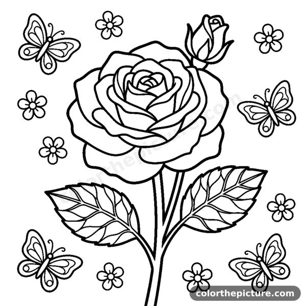 A blooming rose with a stem and leaves coloring page