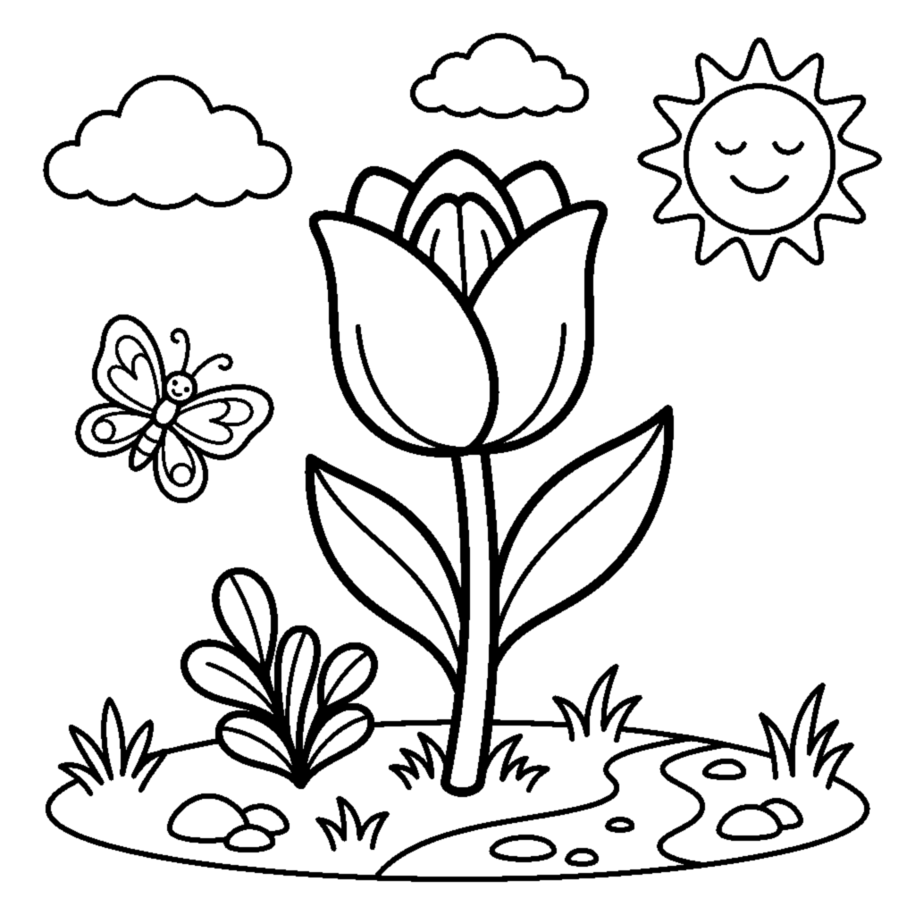 A tulip flower in a garden coloring page