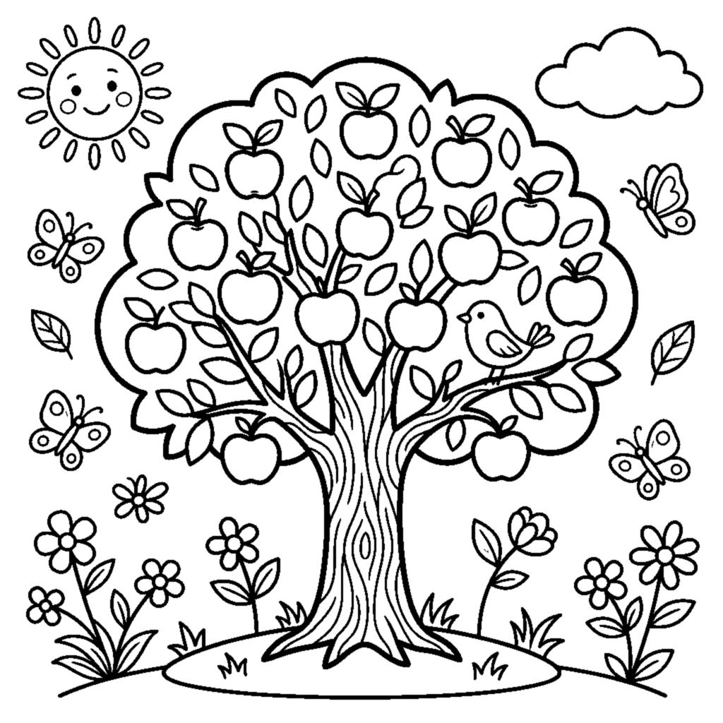 An apple tree full of fruit coloring page