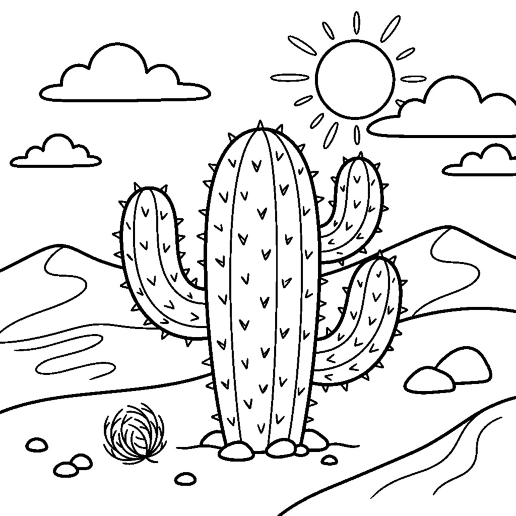 A cactus in the desert with sand dunes coloring page