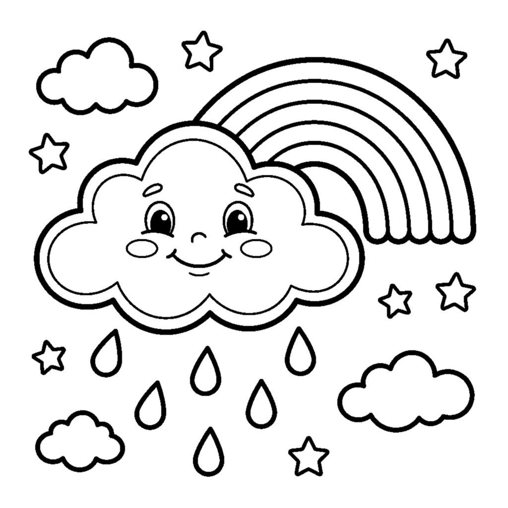 A cloud with raindrops and a rainbow coloring page