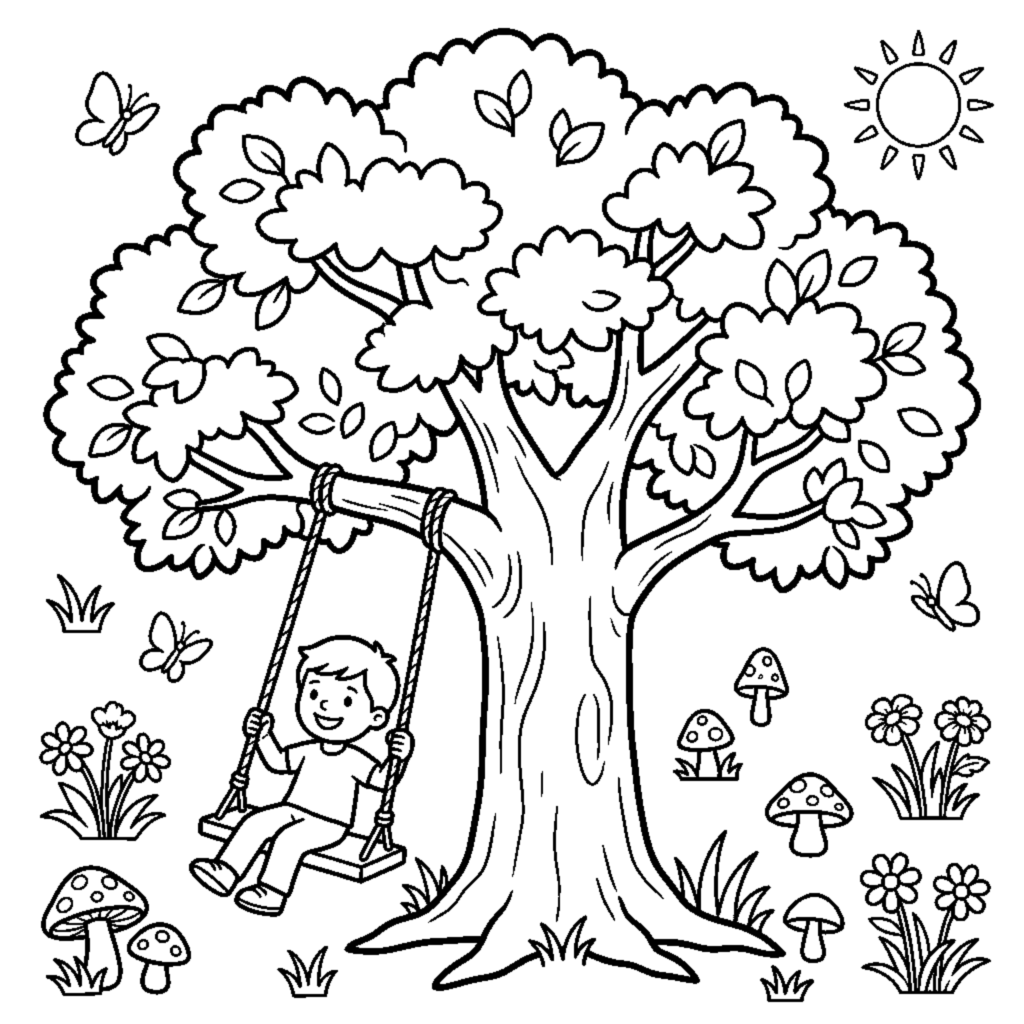 A big oak tree with a swing hanging from a branch coloring page