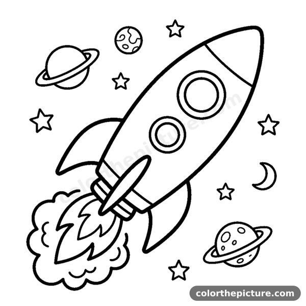 A rocket ship flying among the stars coloring page