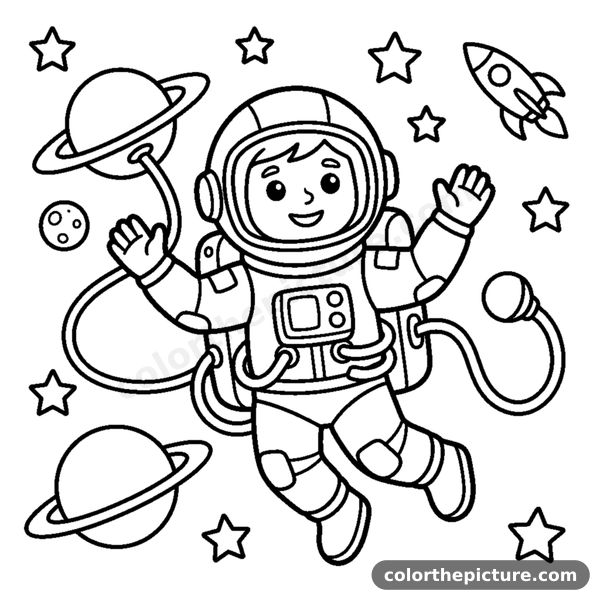 A friendly astronaut floating in space coloring page