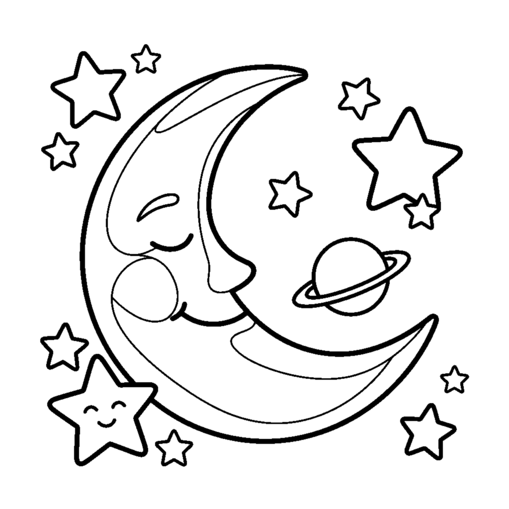 A crescent moon surrounded by stars coloring page