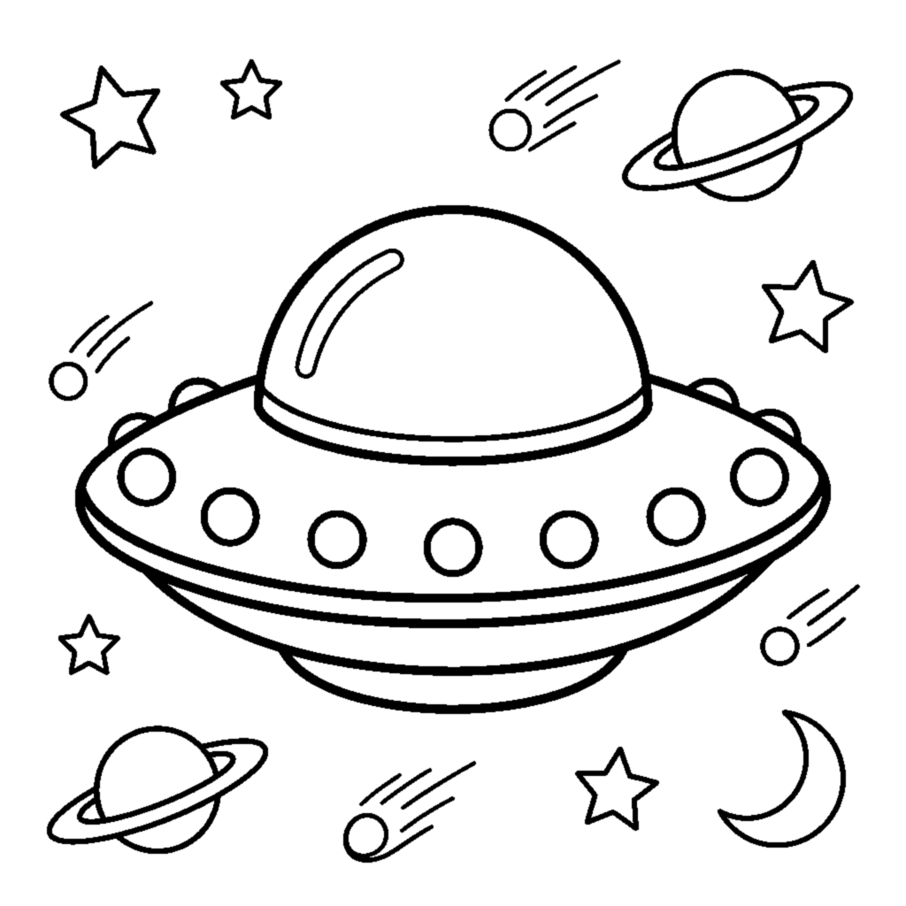 A UFO flying saucer with round lights coloring page