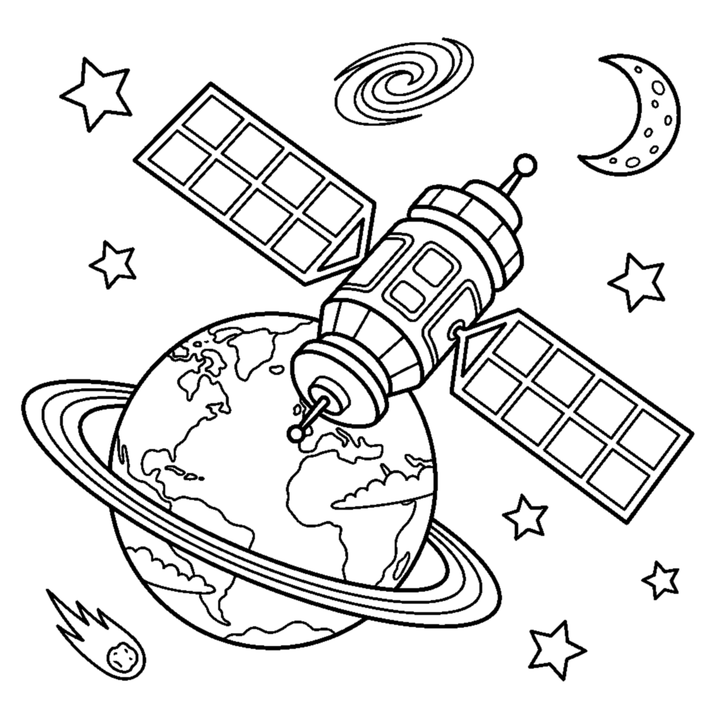A satellite orbiting a planet coloring page