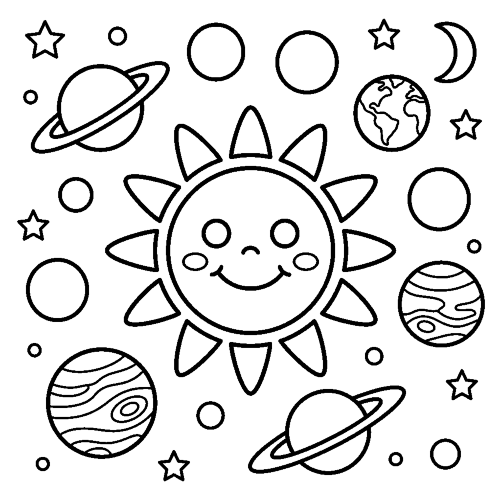 The sun with rays and planets around it coloring page