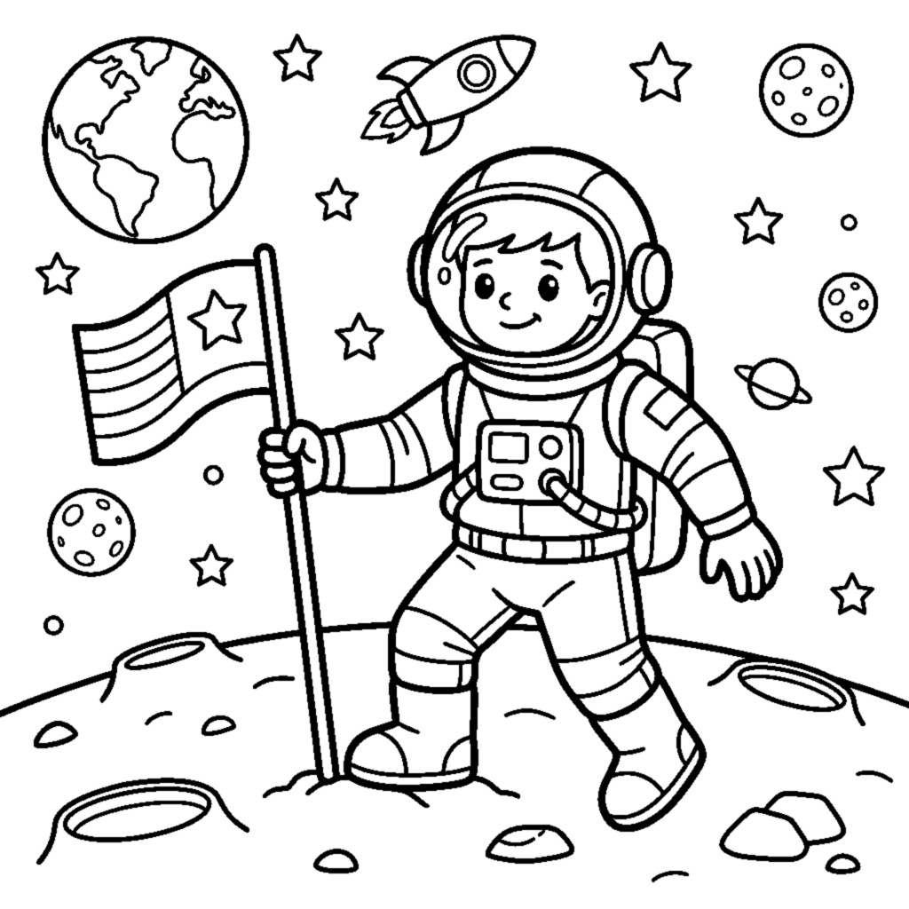 An astronaut planting a flag on the moon coloring page