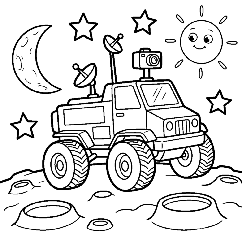 A moon rover driving on the lunar surface coloring page
