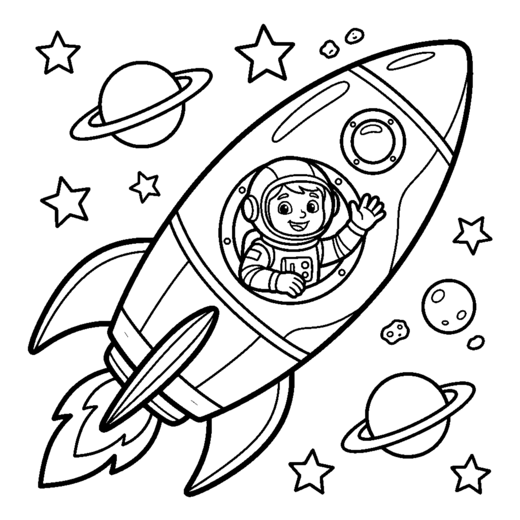 A rocket with an astronaut waving from the window coloring page
