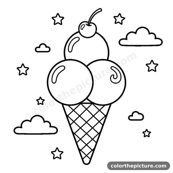An ice cream cone with three scoops coloring page