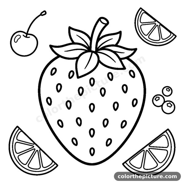 A strawberry with small leaves coloring page