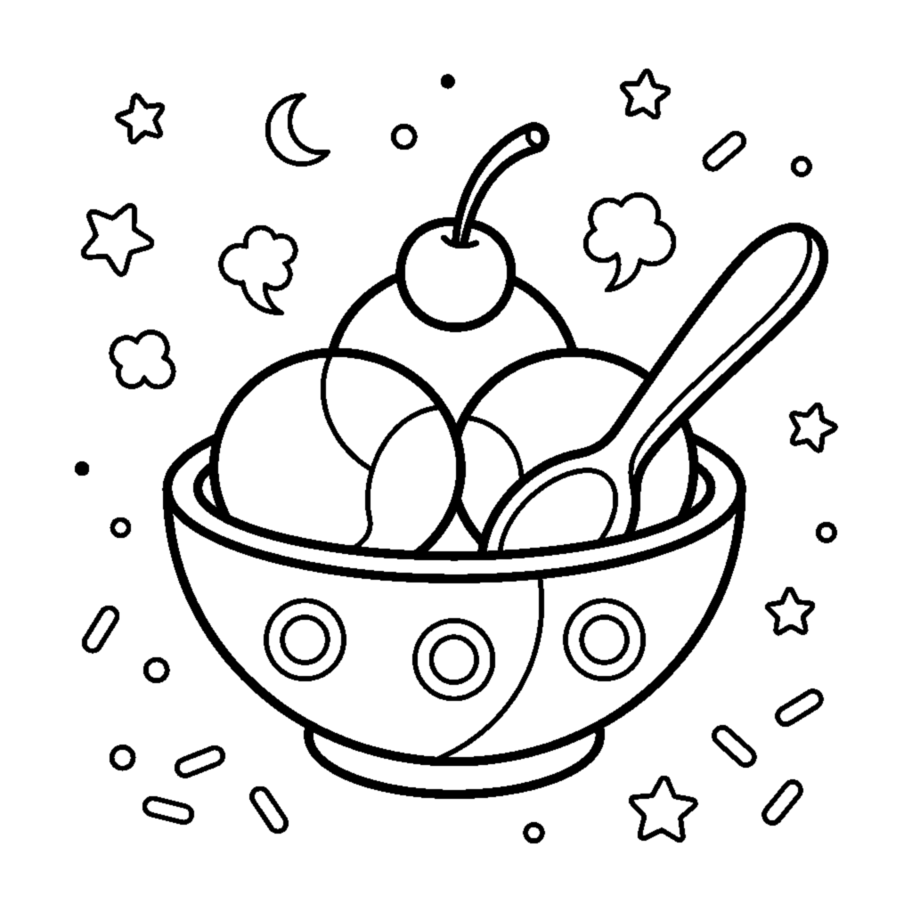 A bowl of ice cream with a spoon coloring page