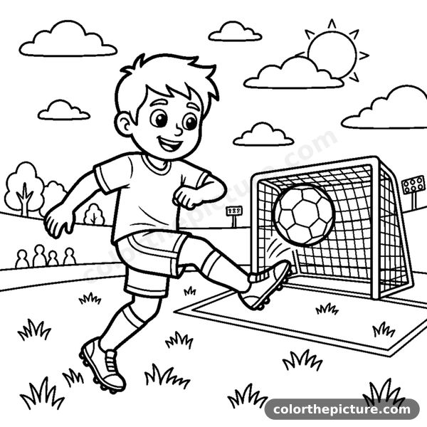 A generic soccer player kicking a ball toward a goal net coloring page