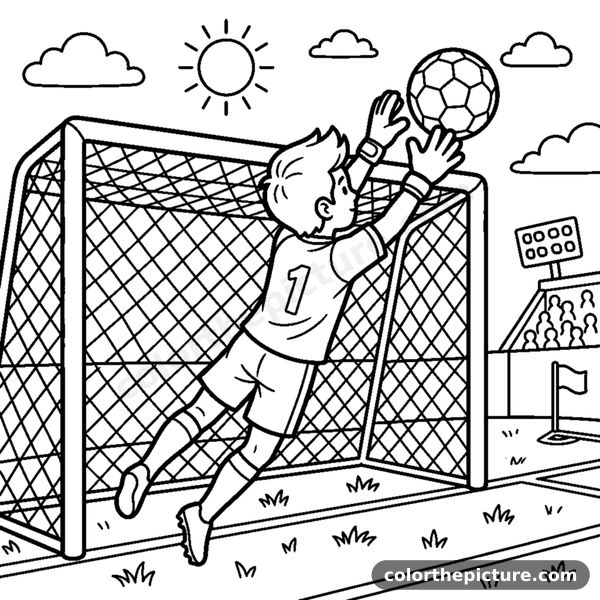 A goalkeeper diving sideways to catch a soccer ball coloring page
