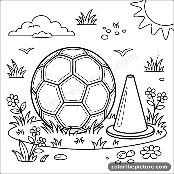 A single soccer ball resting on the grass coloring page