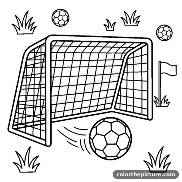 A wide empty goal net with a ball rolling in coloring page