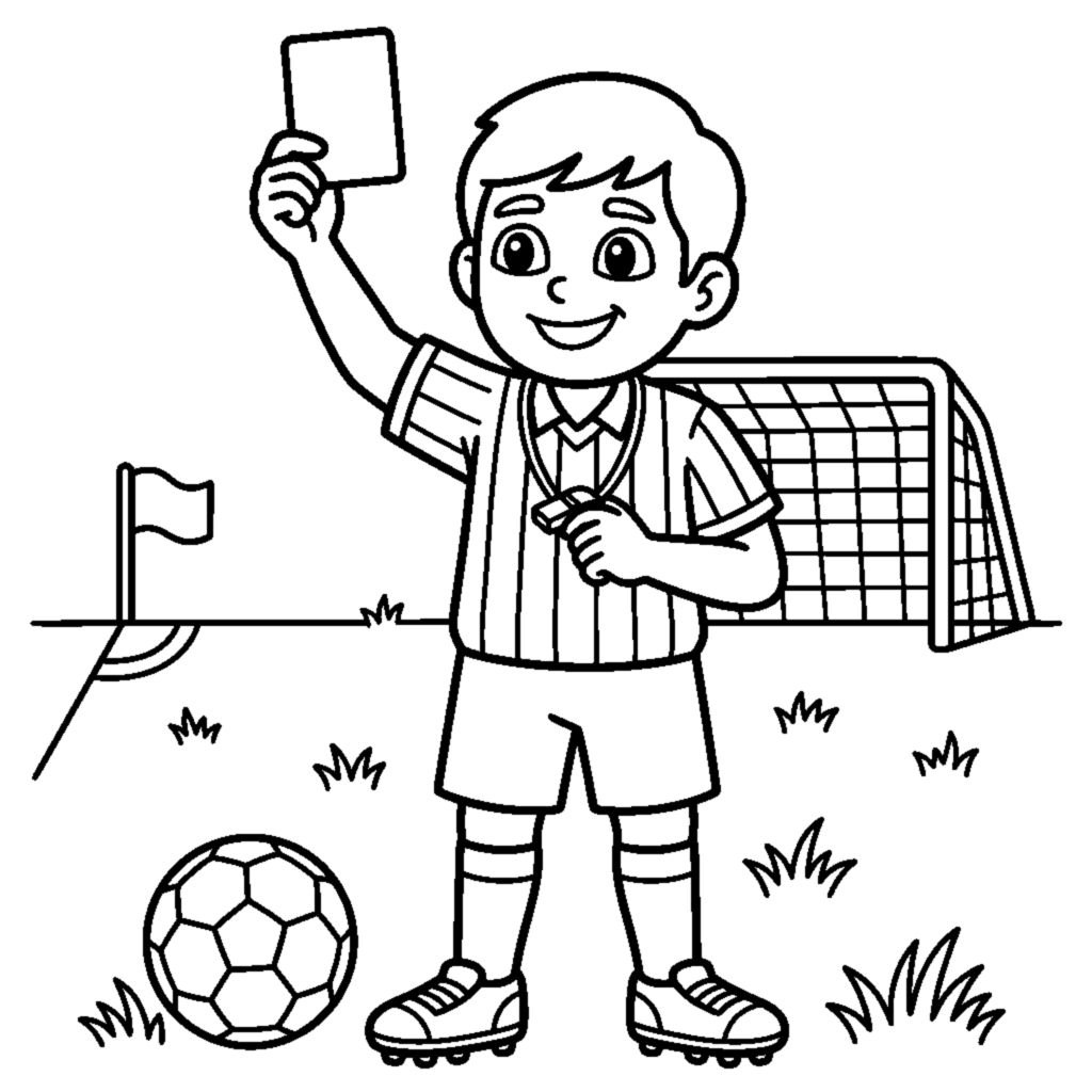 A friendly referee holding up a small card coloring page