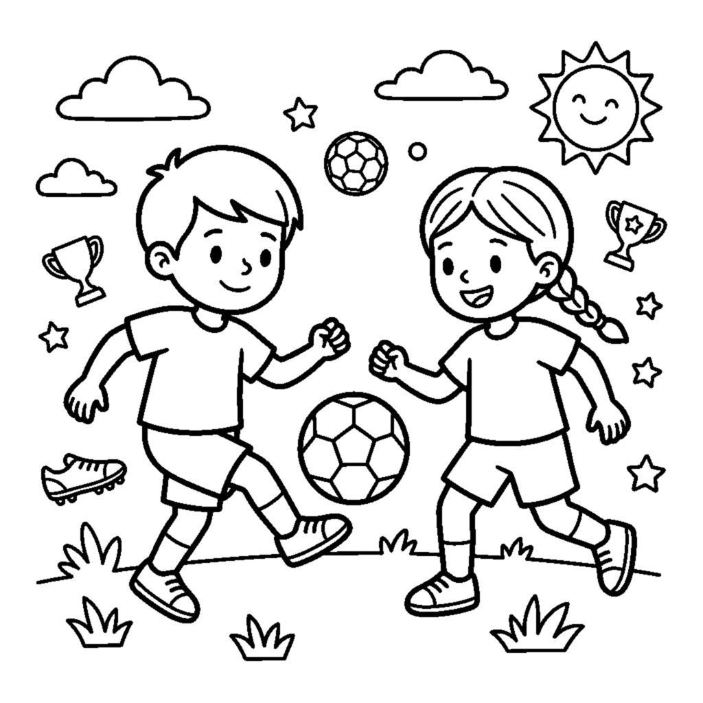 Two kids passing a soccer ball to each other coloring page