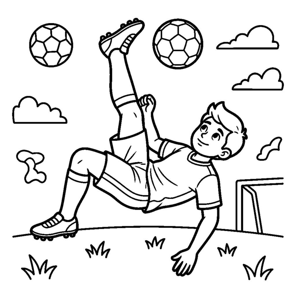 A player doing a bicycle kick in mid-air coloring page