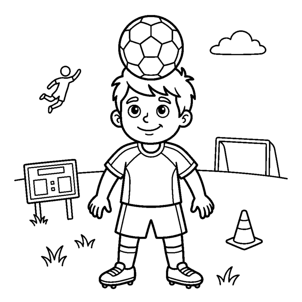 A soccer ball balanced on a player's head coloring page