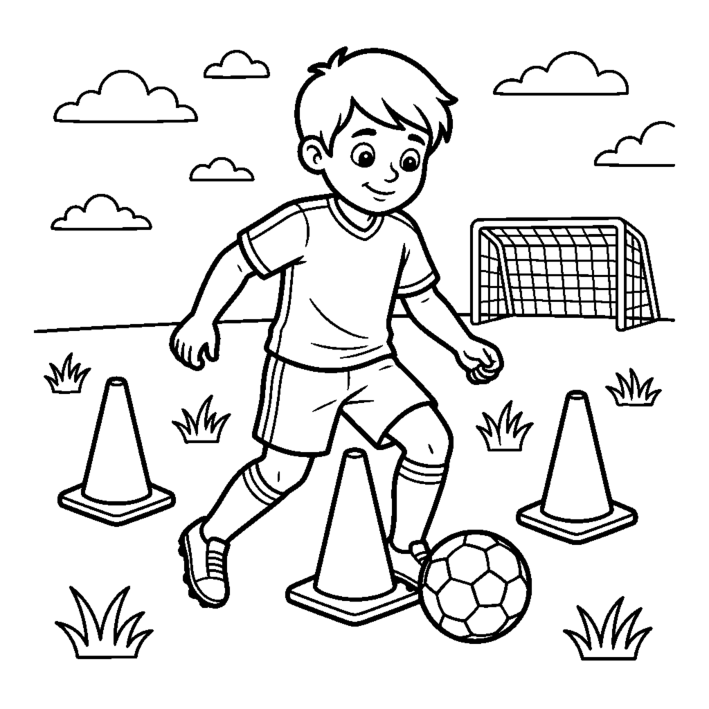 A player dribbling the ball around a training cone coloring page