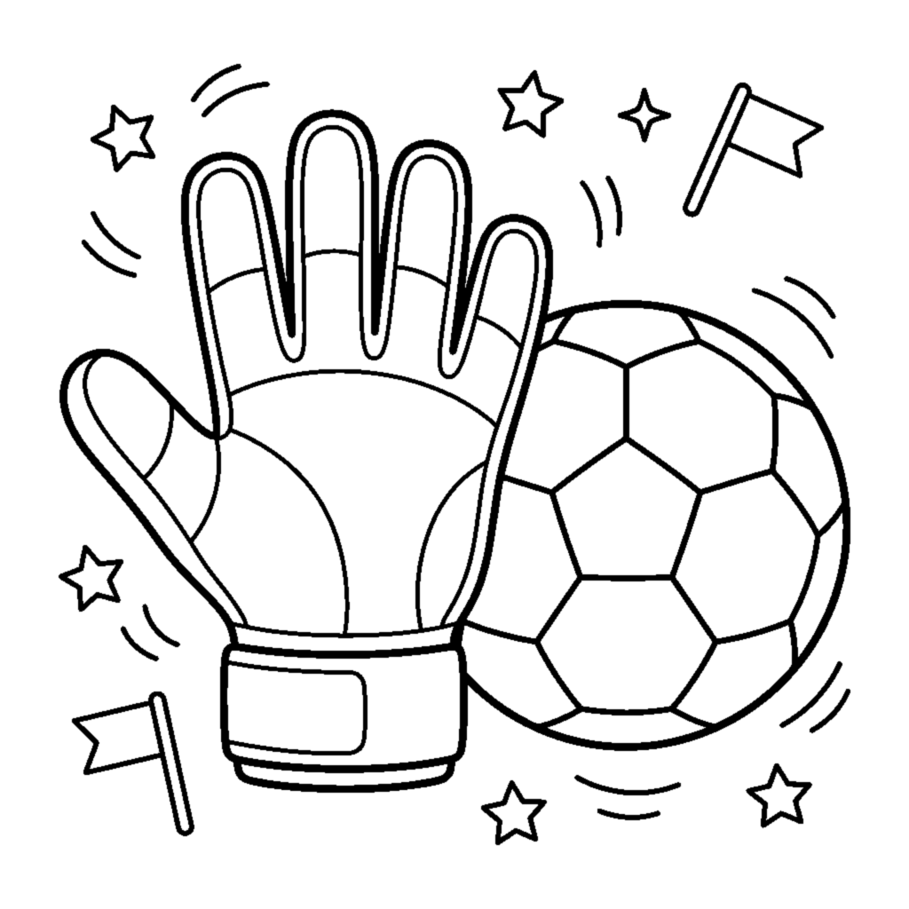 A goalkeeper's glove with a ball beside it coloring page