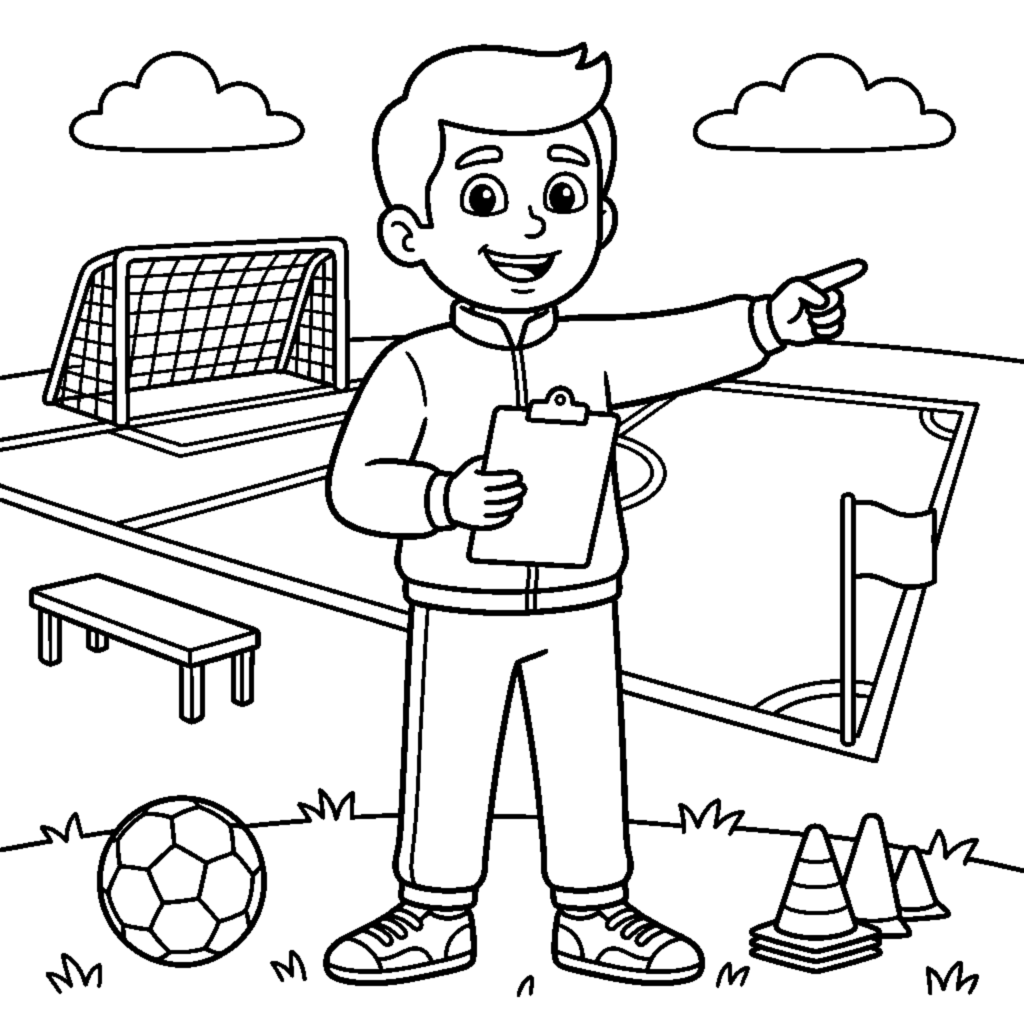 A coach with a clipboard pointing to the field coloring page