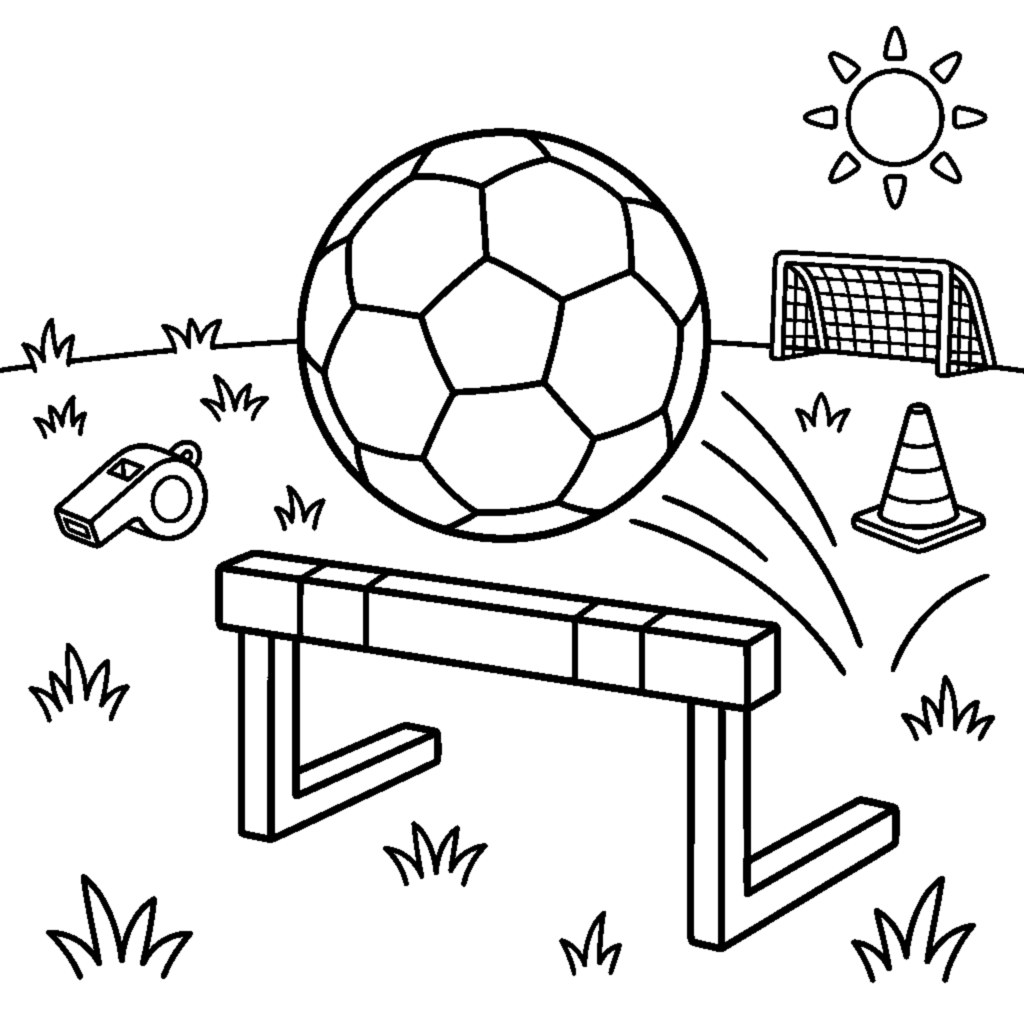 A soccer ball flying over a low training hurdle coloring page