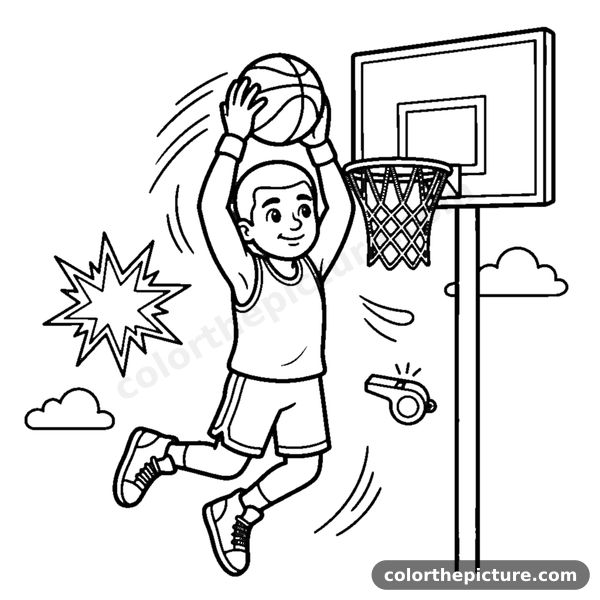 A generic player jumping up to dunk a basketball into the hoop coloring page