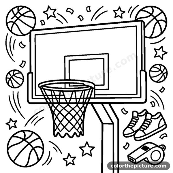 A basketball hoop with a backboard and a hanging net coloring page