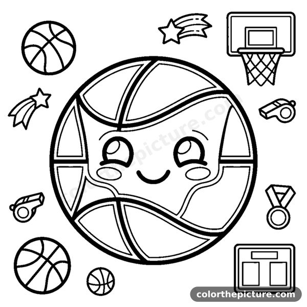 A single round basketball with curved seam lines and a cute face coloring page
