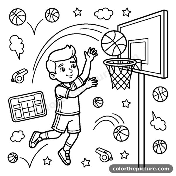 A generic player shooting a basketball in a graceful arc toward the hoop coloring page