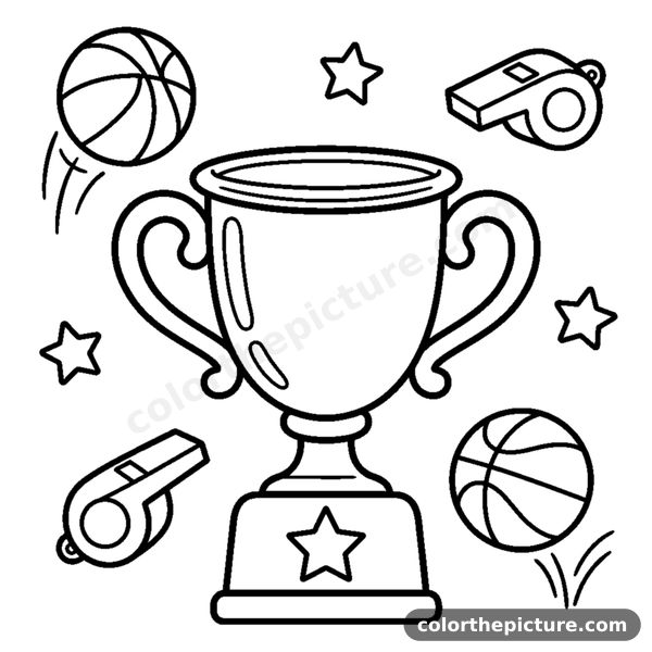 A shiny trophy cup with two handles and a star on the base coloring page