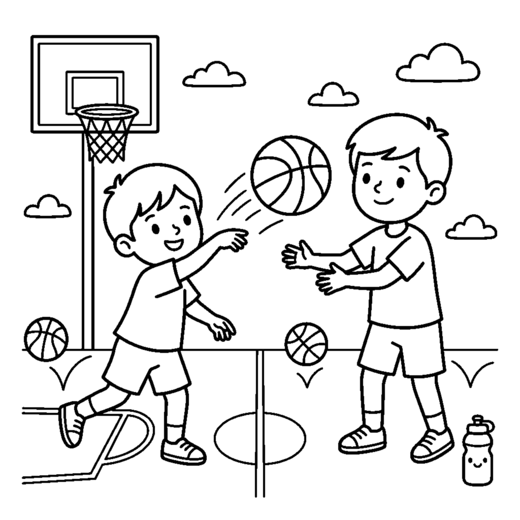 Two generic kids passing a basketball back and forth between them coloring page