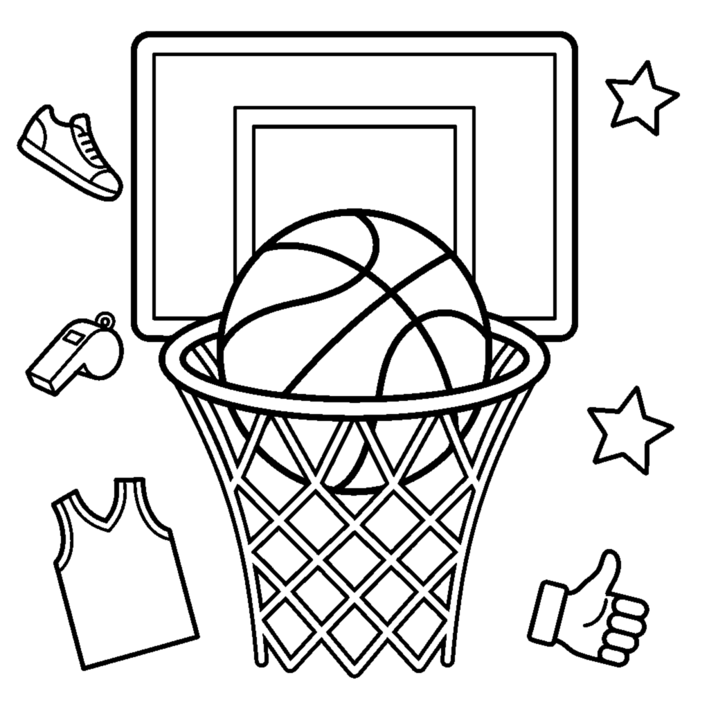 A basketball resting inside the hoop net, halfway through coloring page
