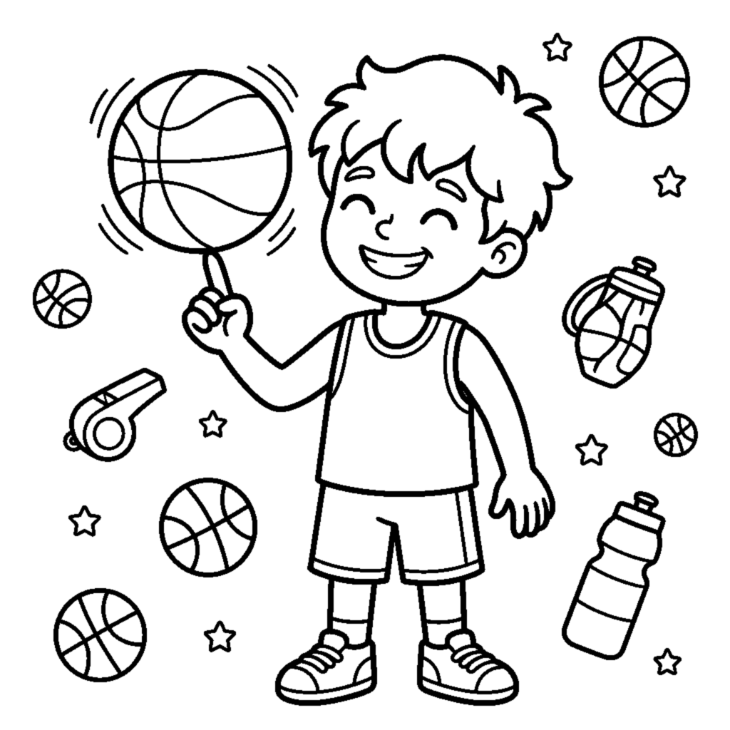 A basketball spinning on the tip of a smiling kid's finger coloring page