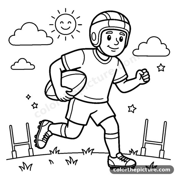 A generic smiling rugby player running while holding an oval rugby ball under one arm coloring page