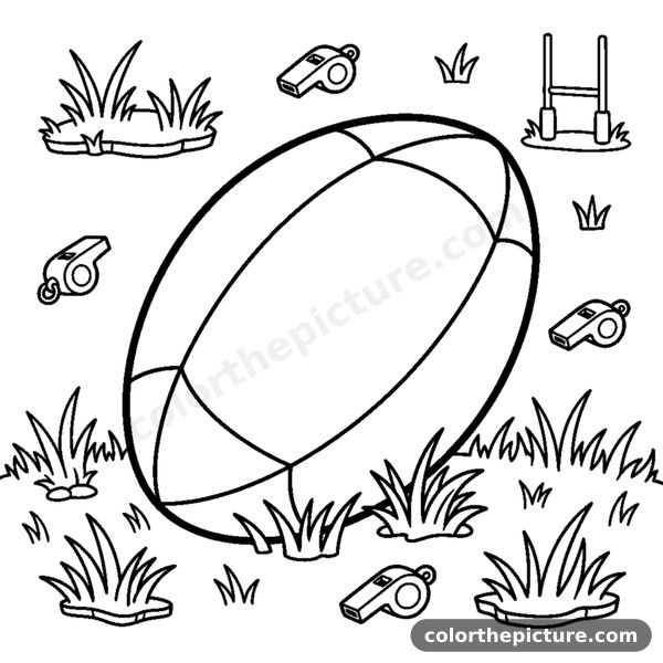 A single oval rugby ball resting on the grass with simple panel lines coloring page