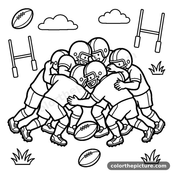 Two teams packed together in a friendly scrum pushing over the ball coloring page