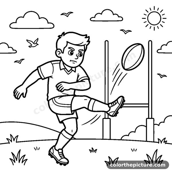 A player kicking a rugby ball high toward tall goal posts coloring page