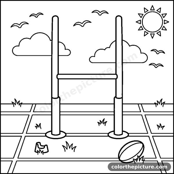 Tall H-shaped rugby goal posts standing on an empty field coloring page