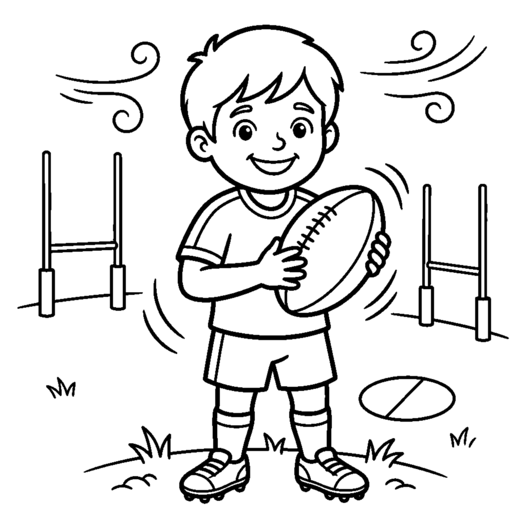 A smiling child holding a rugby ball with both hands coloring page